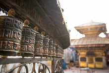 Buddhist Prayer Wheels At The Monkey Temple In Nepal