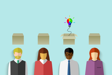 Wall Mural - ethnically diverse group of people with cardboard box above their head and colorful light bulb as th