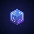 Initial letter ZL, block chain, looping mono line circuit letter on hexagon cube logo, blue magenta gradient color on black blue network background