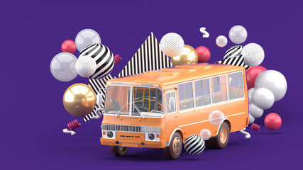 Orange buses among colorful balls on a purple background.-3d rendering.