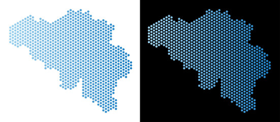 Wall Mural - Hex-Tile Belgium map. Vector geographic plan in light blue color with horizontal gradient on white and black backgrounds. Abstract Belgium map mosaic is consisting of hex-tile elements.