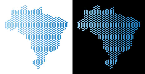 Wall Mural - Hex Tile Brazil map. Vector territorial plan in light blue color with horizontal gradient on white and black backgrounds. Abstract Brazil map composition is containing hexagon spots.