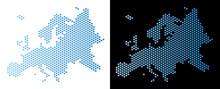 Hexagon Europe Map. Vector Territorial Scheme In Light Blue Color With Horizontal Gradient On White And Black Backgrounds. Abstract Europe Map Concept Is Formed From Hexagonal Spots.