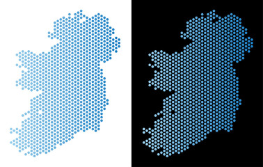 Wall Mural - Hexagonal Ireland Island map. Vector geographic plan in light blue color with horizontal gradient on white and black backgrounds. Abstract Ireland Island map mosaic is composed from hexagon dots.