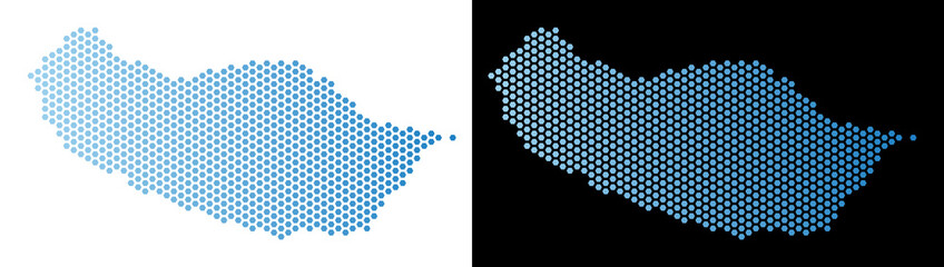 Wall Mural - Honeycomb Portugal Madeira Island map. Vector territorial scheme in light blue color with horizontal gradient on white and black backgrounds.