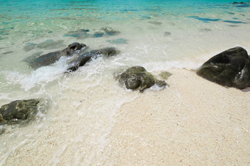 beautiful white sand beach with soft ocean wave and rocks in summer time, wave of the blue sea on the sand bech. concept travel.