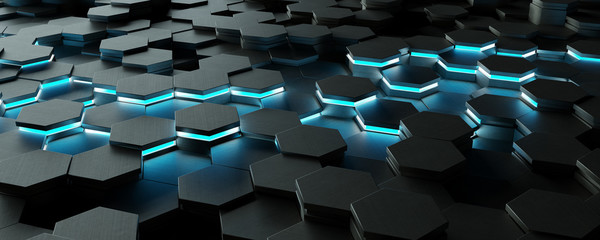 Wall Mural - Black and blue hexagons background pattern 3D rendering