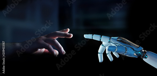 Cuadros en Lienzo White cyborg finger about to touch human finger 3D rendering