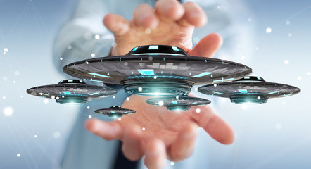 Poster - Businessman with retro UFO spaceship 3D rendering