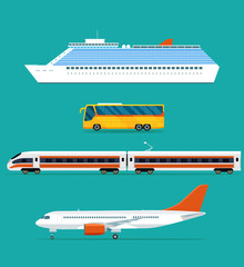 Wall Mural - Set of the travel transport. Cruise ship, bus, train and plane. Vector flat style illustration