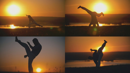 4 in 1 - fcrobat male is performed capoeira fighting in front of orange sunset