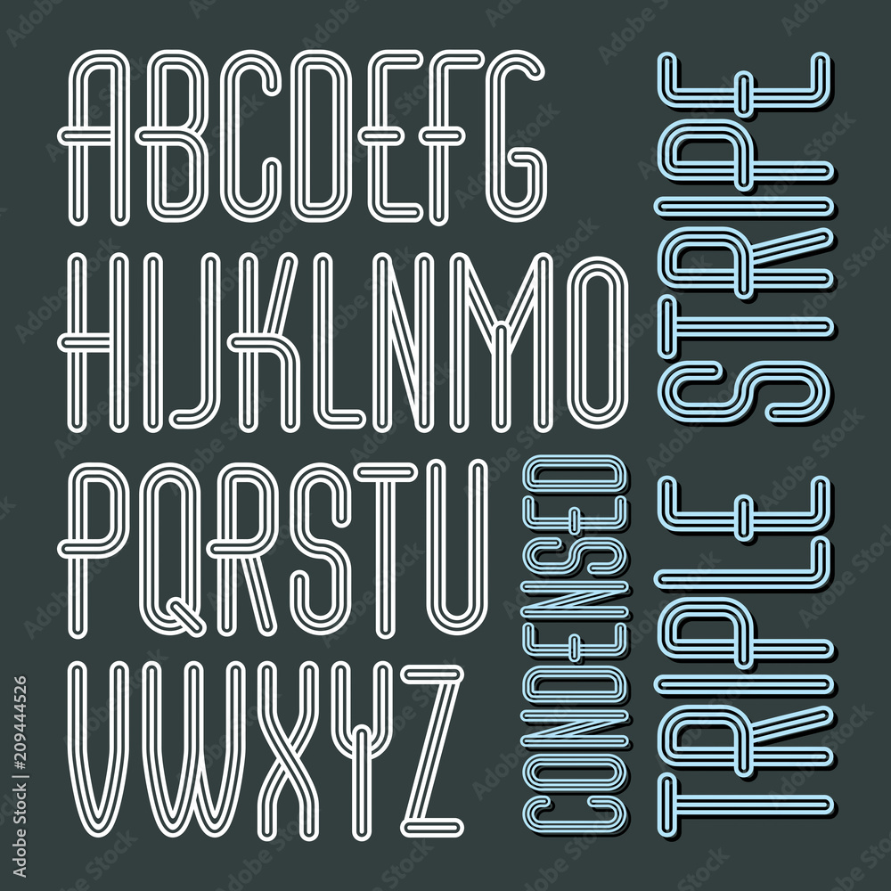Vector funky capital English alphabet letters collection. Cool condensed font, script from a to z can be used in poster art. Created using triple stripy, parallel lines.
