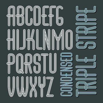 Vector funky capital English alphabet letters collection. Cool condensed font, script from a to z can be used in poster art. Created using triple stripy, parallel lines.