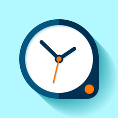 Poster - Clock icon in flat style, round timer on blue background. Simple business watch. Orange button. Vector design element for you project
