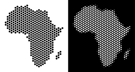 hexagon africa map. vector territorial plan in black and white versions. abstract africa map concept