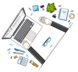 Fototapete - Office desk workspace top view with hands of office employee or entrepreneur, laptop computer and diverse stationery objects for work. All elements are easy to use separately. Vector illustration.