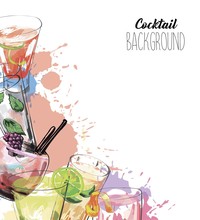 Watercolor Background With Alcohol Drinks. Template Design For Menu, Bar. 