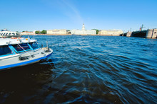 The View Of Neva River And Hydrofoil Boat The Neva River Is The Main River In Saint Petersburg.