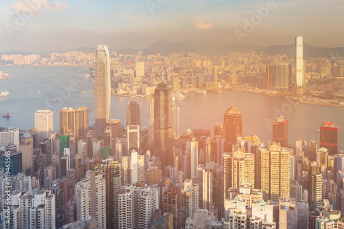 Zdjęcie XXL Wysokiego kąta widoku Hong Kong środkowy centrum biznesu, pejzażu miejskiego tło