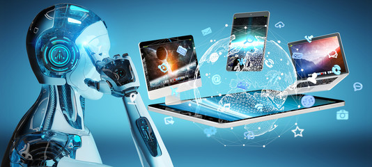 Poster - white cyborg connecting devices together 3d rendering