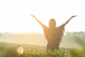 lifestyle traveler women happy feeling good relax and freedom facing on the natural tea farm in the 