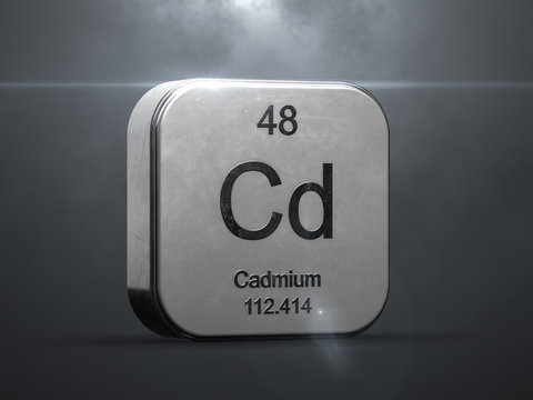 Cadmium element from the periodic table. Metallic icon 3D rendered with nice lens flare
