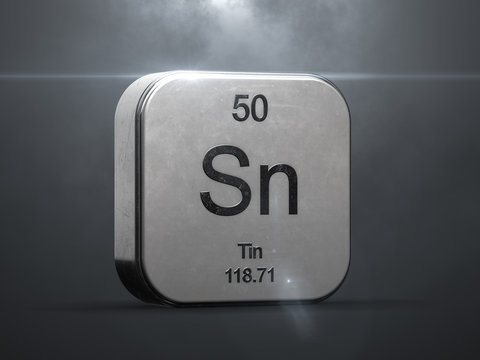 Tin element from the periodic table. Metallic icon 3D rendered with nice lens flare