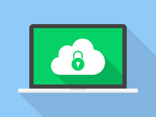 Fototapete - Cloud Storage Secured on Laptop Screen Vector Icon