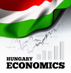 Wall Mural - Hungary economics vector illustration with hungarian flag and business chart, bar chart stock numbers bull market, uptrend line graph symbolizes the growth