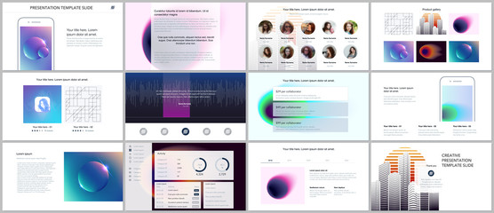 minimal presentations, portfolio templates with colorful gradient blurs and geometric backgrounds. b