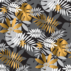 Wall Mural - Gold and black vibrant tropical leaves seamless pattern