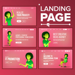 Wall Mural - Landing Set Page Vector. Business Agency. Web Page. Design Front End Site Scheme. Landing Template. Coworking. Workflow Management. Modern Marketing. Protection Receipt. Illustration