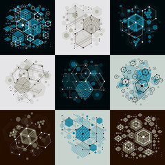 Poster - collection of bauhaus retro wallpapers, art vector backgrounds made using hexagons and circles. geom
