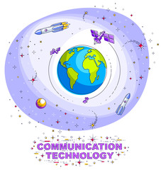 Planet Earth in space surrounded by artificial satellites, rockets and stars. Global communication technology theme. Thin line 3d vector illustration isolated on white.