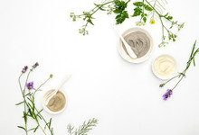 Natural Cosmetics Concept With Various Kinds Of Cosmetic Clays And Herbs