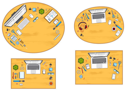 Office desks workspaces top view with PC and laptops  and diverse stationery objects for work, overhead look. All elements are easy to use separately or recompose the illustrations. Vector set.