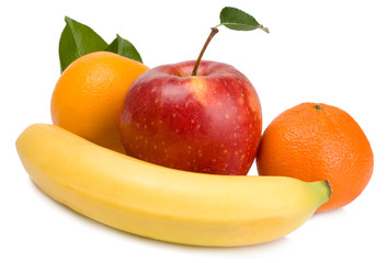 Citrus, banana and Apple isolated on white