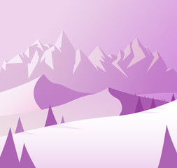 Winter mountain scenery with pine trees and snowy hills.