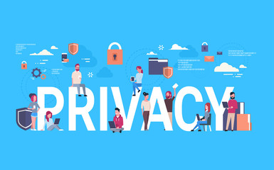 Poster - business team over GDPR isometric infographic data privacy background. network protection of personal storage General Data Protection Regulation concept vector illustration