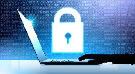 Poster - human hand laptop padlock Data protection privacy concept. GDPR. Cyber security network background. shielding personal information . internet technology networking connection vector illustration