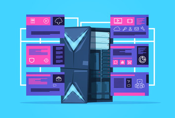 Poster - data protection support computing center with hosting servers infographic, network and database, internet center, communication support, flat design vector illustration