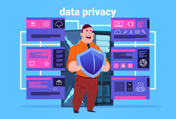 Poster - man hold shield data privacy computing center with hosting servers infographic, network and database, internet center, communication support, flat design, banner vector illustration