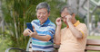 © leungchopan - Senior old male friends chatting together at outdoor park, showing photo on cellphone to other