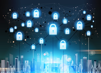 Poster - padlock over ciyscape data protection privacy concept. GDPR. Cyber security network background. shielding personal information. internet technology networking connection digital space vector
