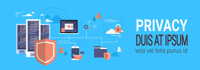 Poster - GDPR isometric infographic data privacy on blue background network protection of personal storage General Data Protection Regulation concept banner copy space vector illustration