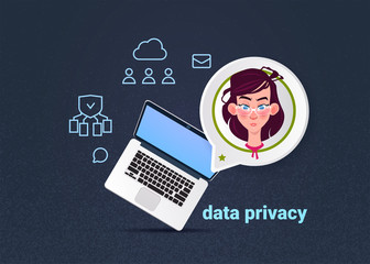 Poster - laptop chat woman bubbles, data privacy computing center with infographic, network and database, int