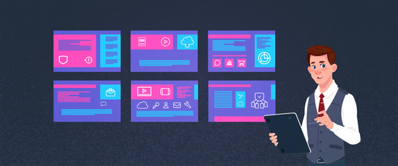 Poster - data protection support engineer computing center with hosting servers infographic, network and database, internet center, communication support, flat design vector illustration