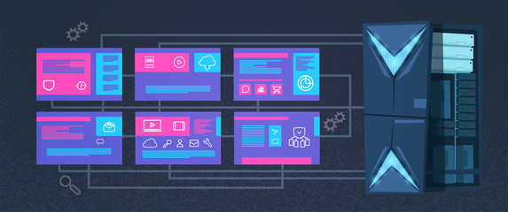 Poster - data protection computing center with hosting servers infographic, network and database, internet ce