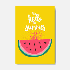 Wall Mural - hello summer watermelon badge Isolated Typographic Design Label. Season Holidays lettering for logo,Templates, invitation, greeting card, prints and posters. vector illustration