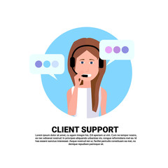 Poster - call center headset agent woman client support online operator, customer and technical service icon, chat concept, copy space flat design vector illustration
